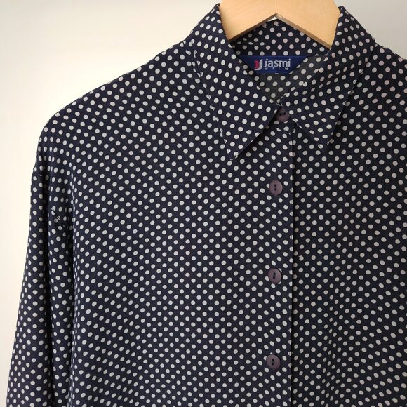 Vintage silk polka dot button down blouse navy, white - Picture 6 of 11